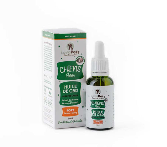 Huile CBD bio 50 mg petit chien – LOVAPETS 30 ml | Spectre large & Saumon