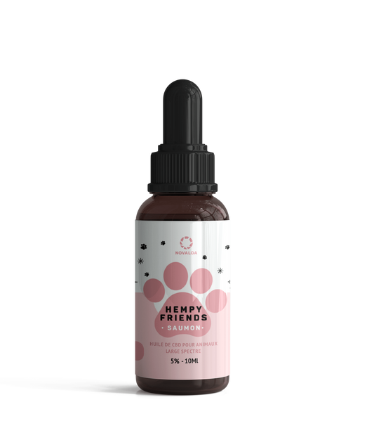 Huile CBD animaux 5 % – NOVALOA 10 ml | Spectre large goût saumon