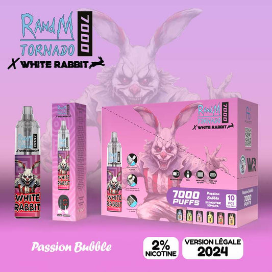 Puff rechargeable White Rabbit x RandM Tornado 7000 – Passion Bubble (20 mg sels de nicotine)