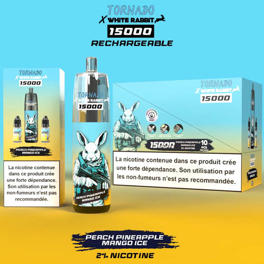 Puff rechargeable White Rabbit x Tornado 15000 – Peach Pineapple Mango Ice (20 mg sels de nicotine)