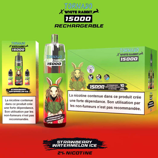Puff rechargeable White Rabbit x Tornado 15000 – Strawberry Watermelon Ice (20 mg sels de nicotine)